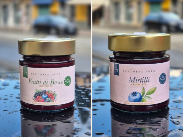 Vasetti di composta Frutti di Bosco e Mirtilli Fattoria Pupo, 100% frutta senza zuccheri aggiunti