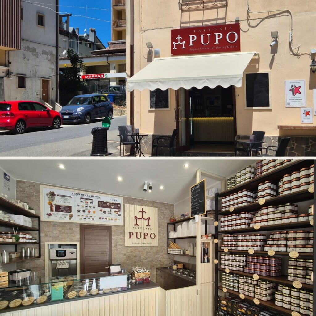 Punto vendita Fattoria Pupo a Camigliatello Silano: facciata con insegna e interno con banco gelati e scaffale confetture